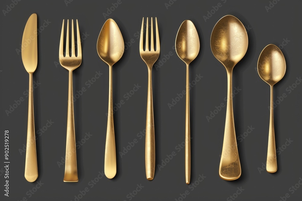 A collection of gold flatware placed on a dark and sleek black background A collection of gold flatware placed on a dark and sleek black background