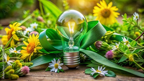 Vibrant green ribbon wrapped around a lightbulb, surrounded by calming flowers and leaves, symbolizing hope and support for mental wellness awareness. photo