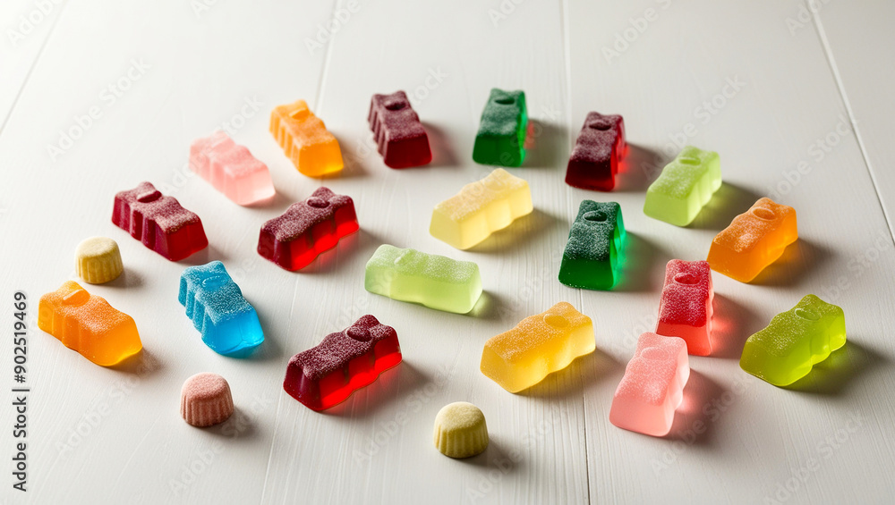 Colorful gummy bears pattern on white background, Jelly gummy bears on white background, Gummy bears candy on white background Colorful gummy bears pattern on white background, Jelly gummy bears on white background, Gummy bears candy on white background