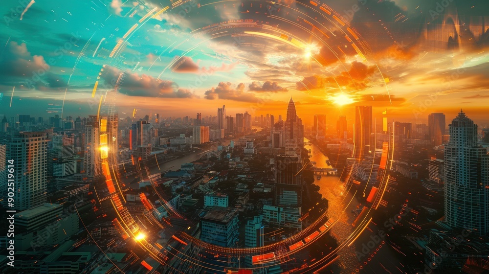 Fototapeta premium aerial view of the city at sunset. the largest in Southeast Asia. Multiple exposures