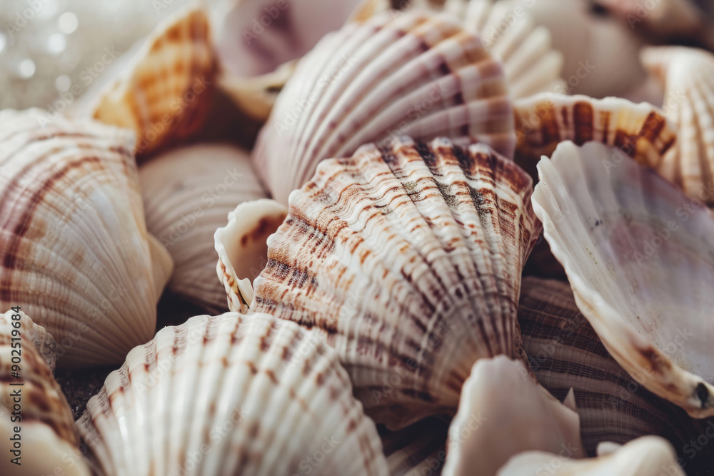 Toned image of many sea shells in pile. Lots of scallop seashells piled together background Toned image of many sea shells in pile. Lots of scallop seashells piled together background