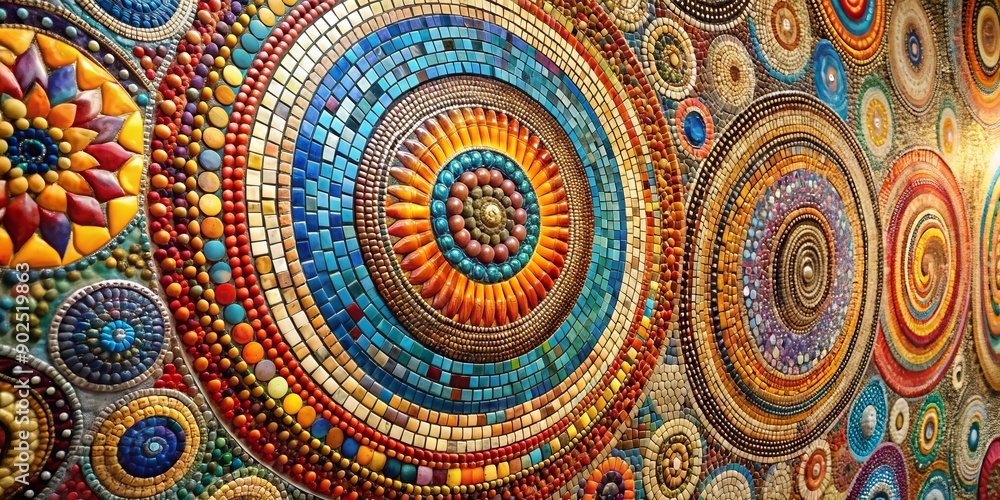 Vibrant circular mosaic tile wall featuring an intricate design with swirling patterns, shimmering colors, and textured tiles, creating a stunning visual focal point. Vibrant circular mosaic tile wall featuring an intricate design with swirling patterns, shimmering colors, and textured tiles, creating a stunning visual focal point.