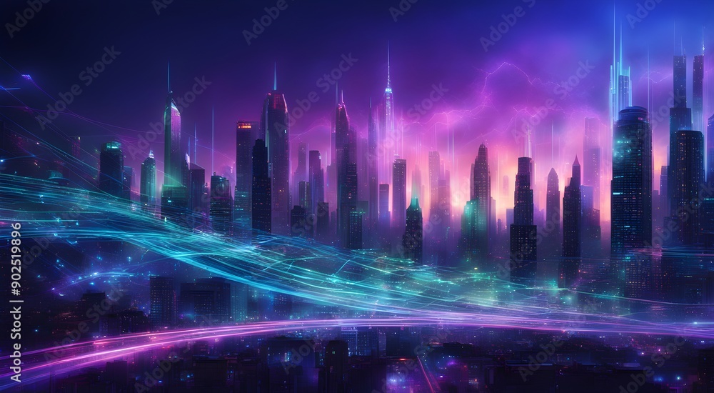 A cityscape with a purple sky and neon lights A cityscape with a purple sky and neon lights