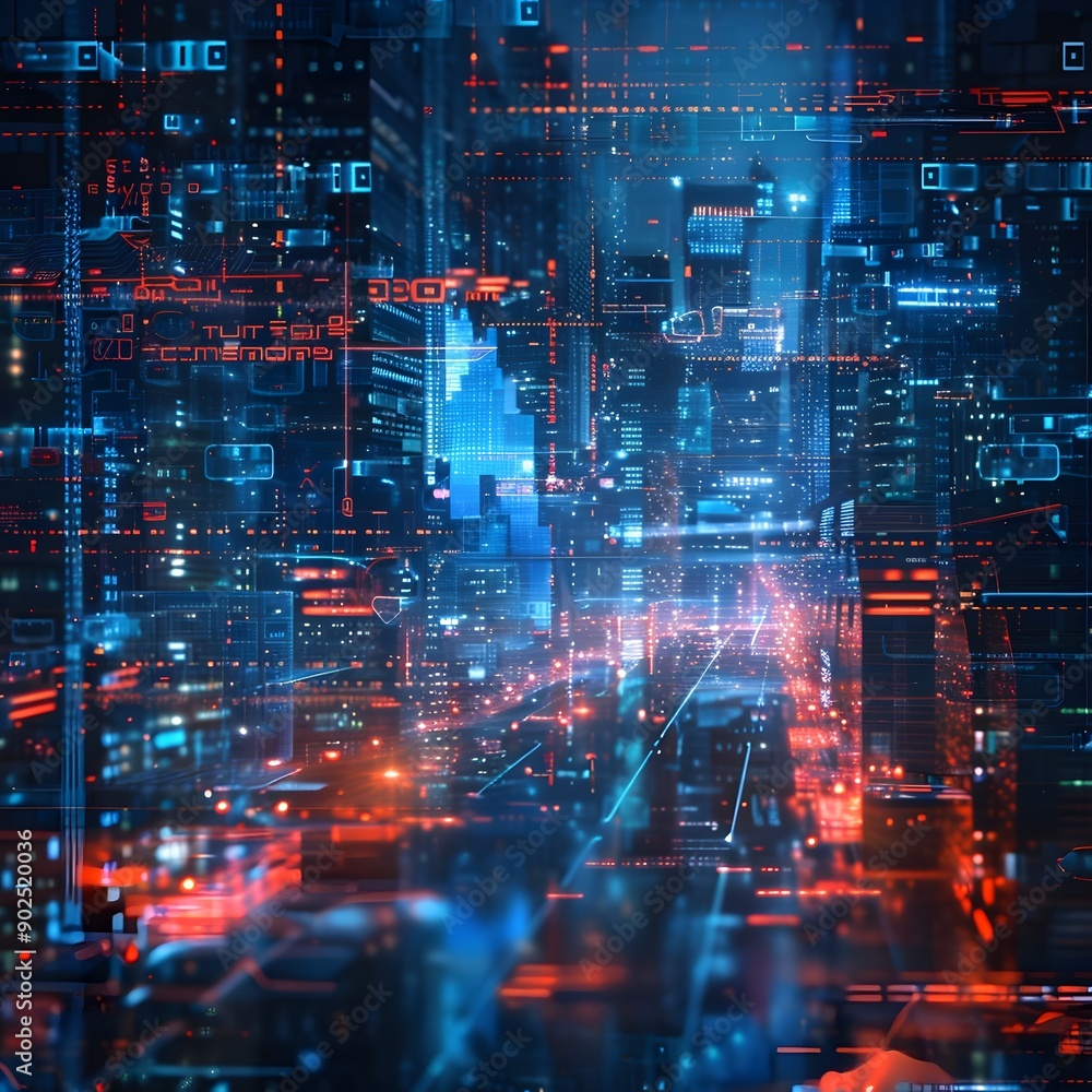 Obraz premium High Tech Urban Landscape with Dynamic Data Overlays and Interactive Cyber Elements