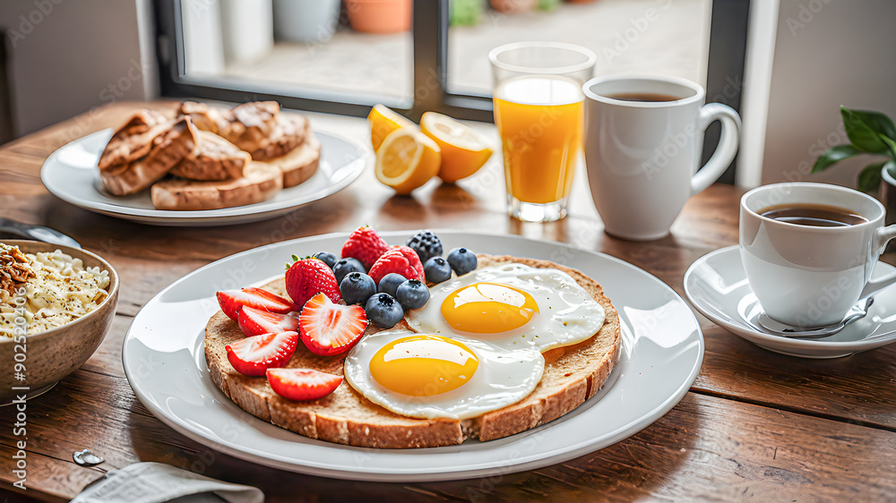 Closeup of cup of coffee and juice, berries and eggs breakfast in cozy home kitchen. Tranquil morning mood, soft sunlight, peaceful relaxing vibes, start the day. Healthy food concept. Generated AI Closeup of cup of coffee and juice, berries and eggs breakfast in cozy home kitchen. Tranquil morning mood, soft sunlight, peaceful relaxing vibes, start the day. Healthy food concept. Generated AI