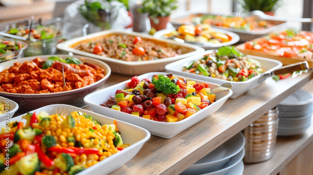 A vibrant selection of fresh, colorful dishes arranged beautifully on a buffet table, perfect for events and gatherings. A vibrant selection of fresh, colorful dishes arranged beautifully on a buffet table, perfect for events and gatherings.