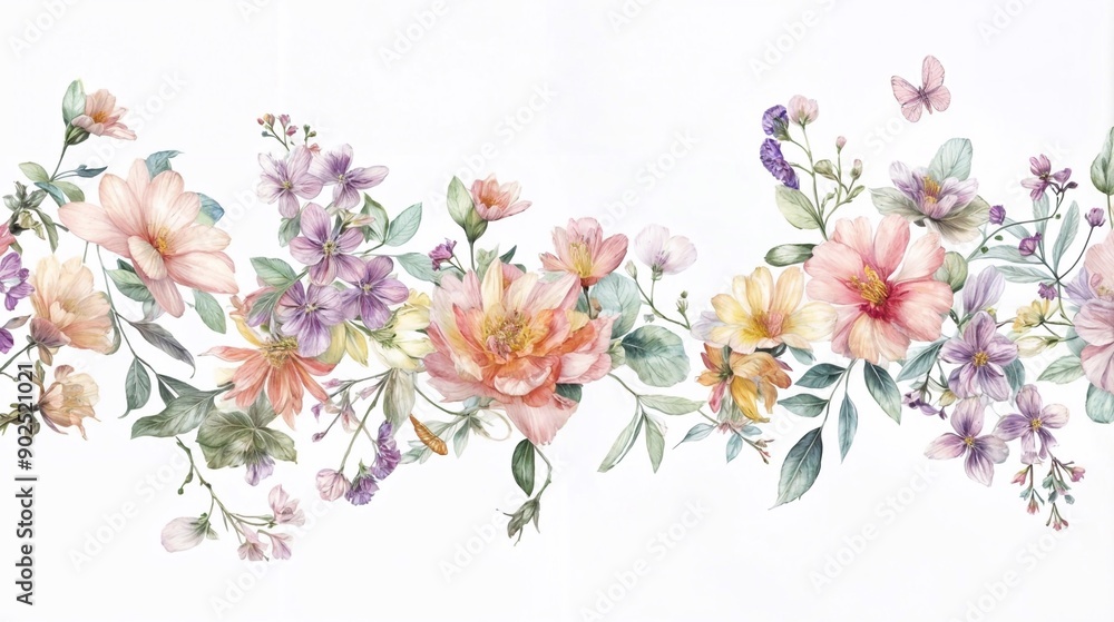 A delicate watercolor illustration featuring a variety of pastel-colored flowers and green foliage arranged in a horizontal pattern on light background. The design exudes a soft and elegant aesthetic