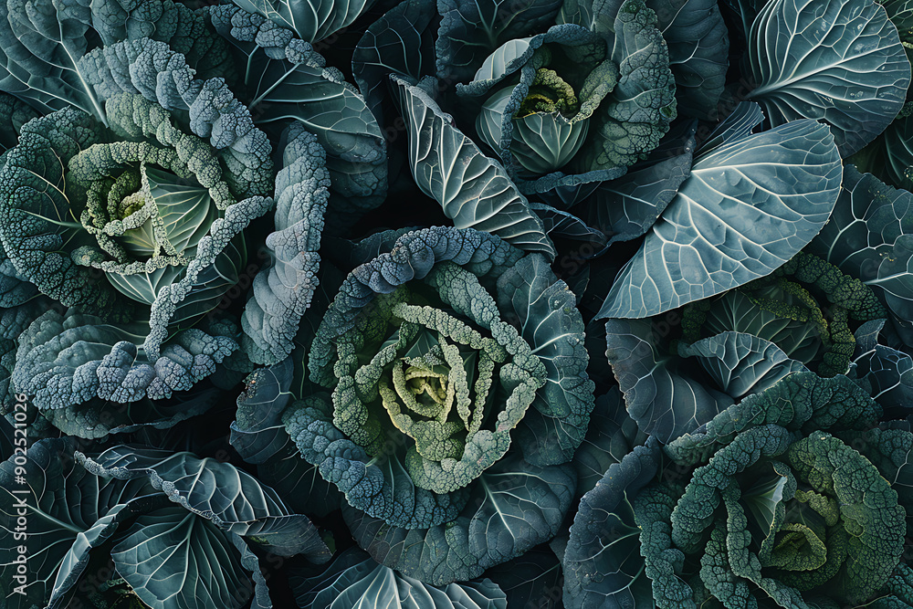 Obraz premium Close up of green white cabbage grows in summer garden. Harvest vegetables. Growing crops , illustration