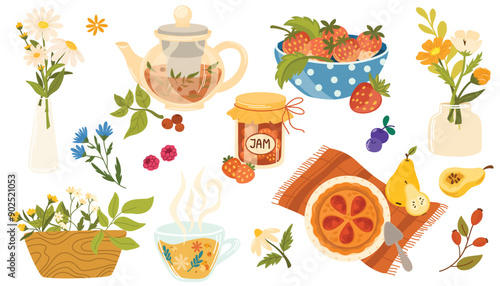 Countryside cottagecore natural elements set. Country food, flowers in vase, fruits, tea cup, summer berries, pie in cozy village style. Flat graphic vector illustration isolated on white background