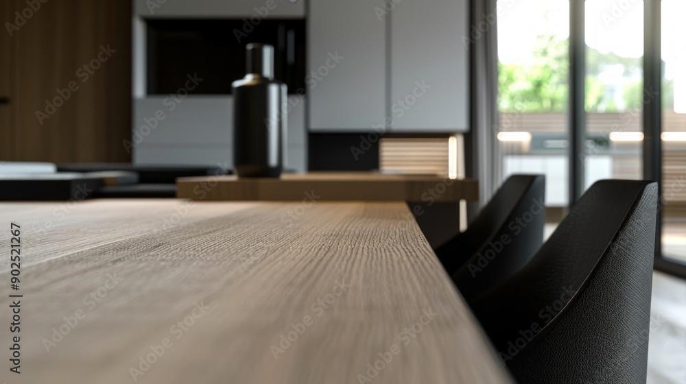 A Close-Up View of a Wooden Dining Table in a Modern Kitchen