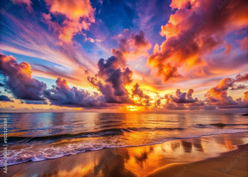 Vibrant clouds in shades of pink and orange illuminate the sky above a tranquil tropical beach, where calm waters meet the sunrise-kissed ocean horizon. Vibrant clouds in shades of pink and orange illuminate the sky above a tranquil tropical beach, where calm waters meet the sunrise-kissed ocean horizon.