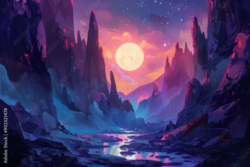 Fototapeta premium Mystical moonlit mountain landscape with river
