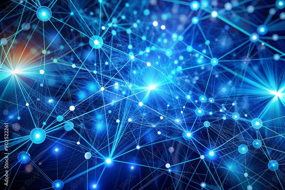 Vibrant blue abstract pattern featuring dynamic dots and lines representing complex neural networks, data flow, and supercomputing connections in futuristic tech backgrounds. Vibrant blue abstract pattern featuring dynamic dots and lines representing complex neural networks, data flow, and supercomputing connections in futuristic tech backgrounds.