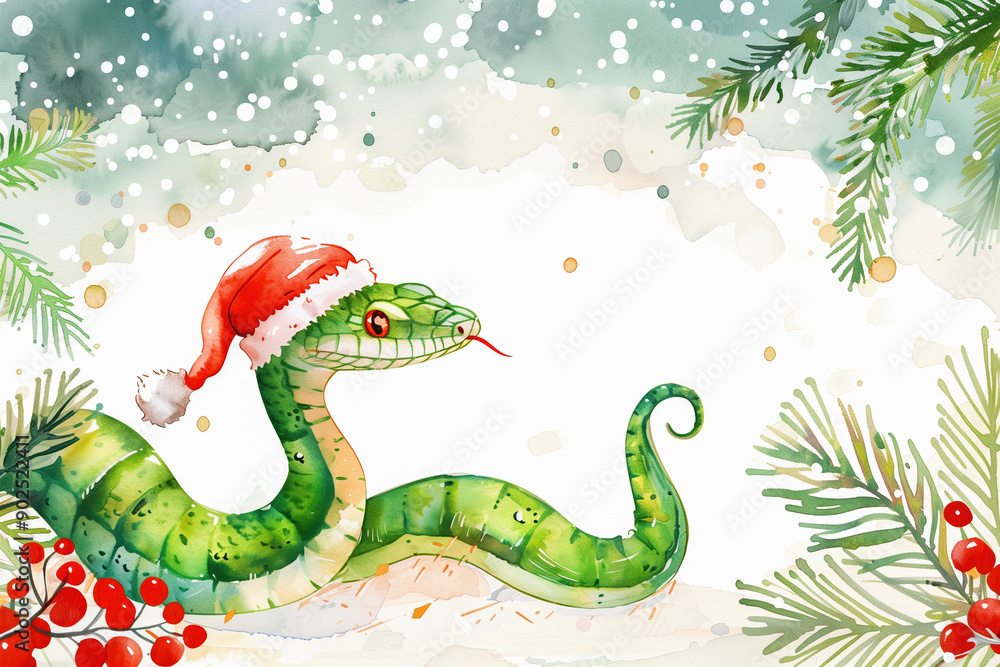 Cute green snake symbol of the new year 2025. New Year tree, white snow, winter holidays