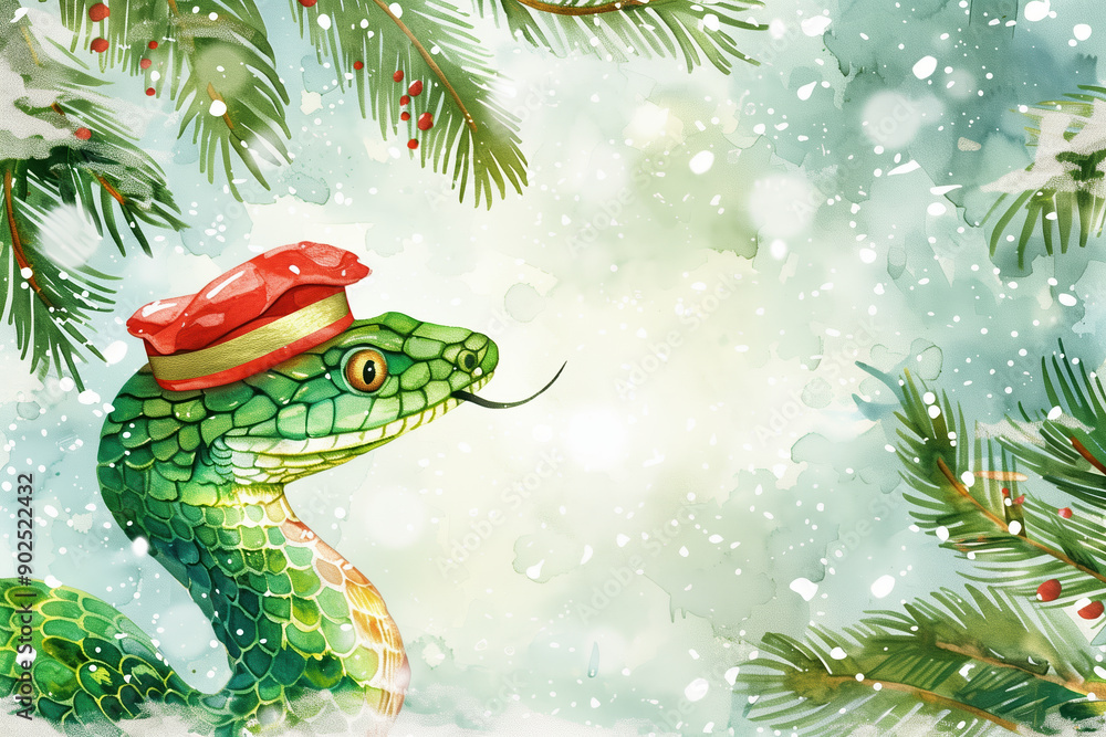 Cute green snake symbol of the new year 2025. New Year tree, white snow, winter holidays Cute green snake symbol of the new year 2025. New Year tree, white snow, winter holidays