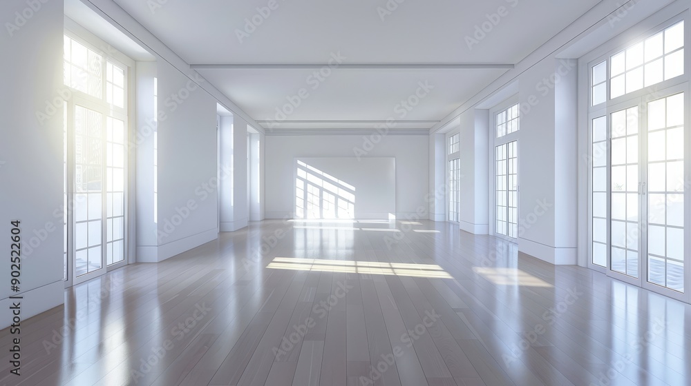 Sunlight Streaming Through Large Windows in a Modern Empty Room, 3D Rendering, Interior Design, Modern Architecture, Minimalism Sunlight Streaming Through Large Windows in a Modern Empty Room, 3D Rendering, Interior Design, Modern Architecture, Minimalism