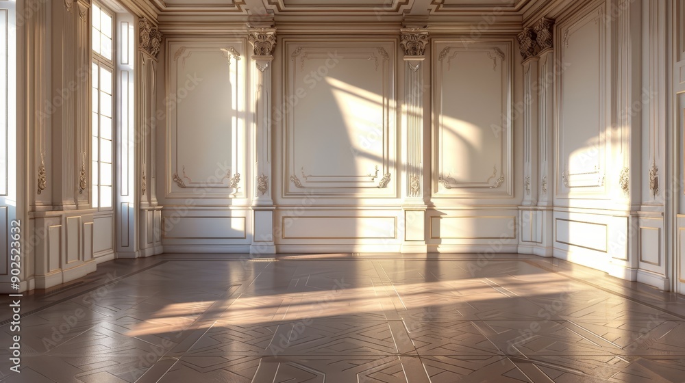Obraz premium Golden Sunlight Bathes Elegant Room, 3D Render, Classic Interior, Sunbeams, Ornate , Classic, Interior Design