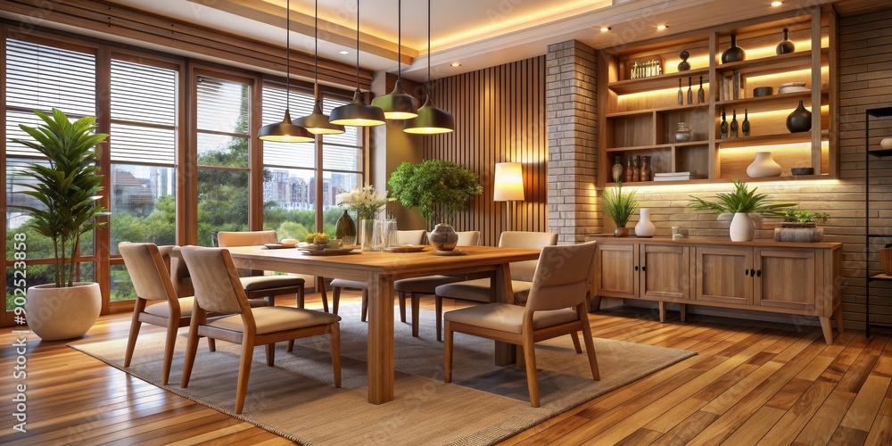 Modern Dining Room with Wooden Accents and Natural Light, 3D Rendering, interior design, dining room, modern style , architecture , home decor Modern Dining Room with Wooden Accents and Natural Light, 3D Rendering, interior design, dining room, modern style , architecture , home decor