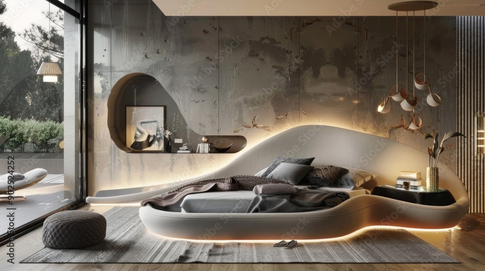 Fototapeta premium Modern Interior Design With Curved Bed and Concrete Wall