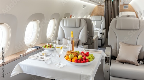 Luxurious airplane cabin featuring gourmet meal, elegant setting, and ample natural light for a premium travel experience. photo