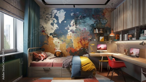 Modern Teenager's Room With World Map Wall Mural and Desk