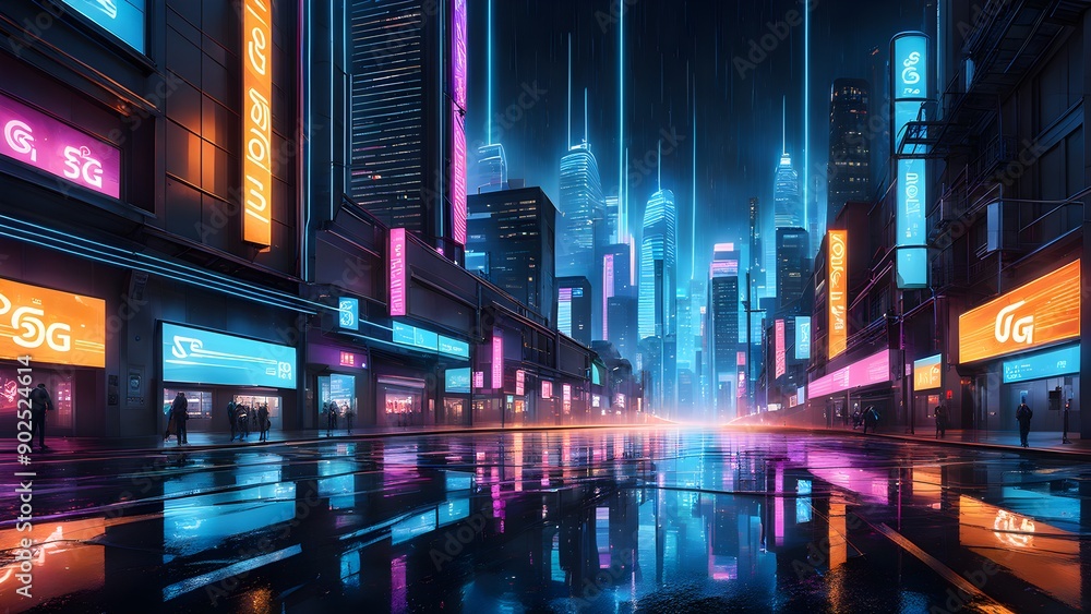 A cityscape with neon lights and a sign for 5g A cityscape with neon lights and a sign for 5g