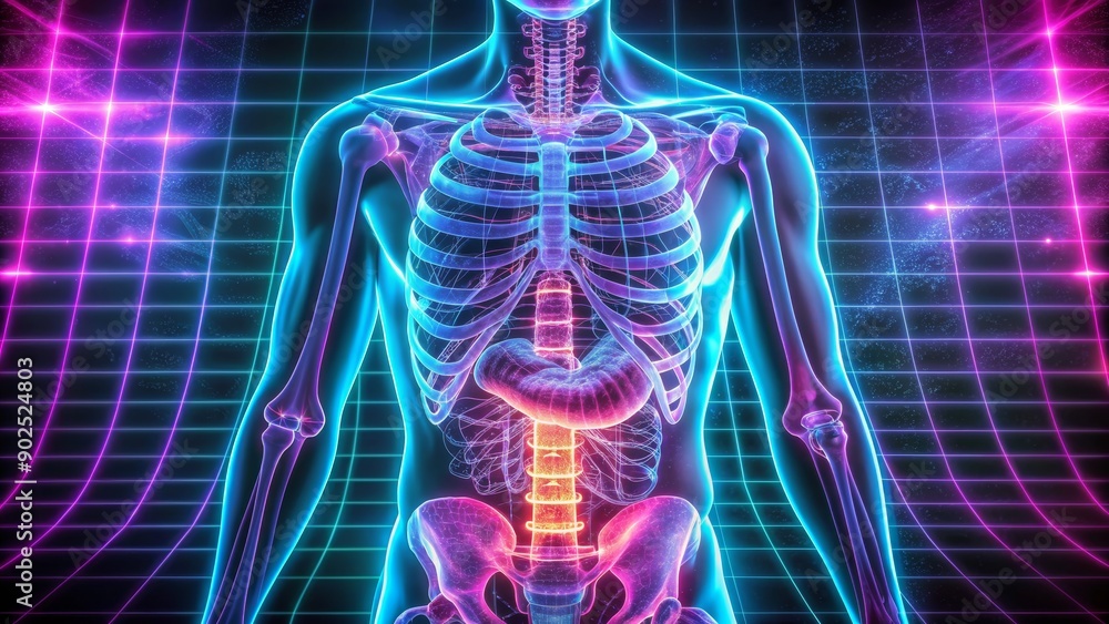 Neon Skeleton with Stomach and Spine, 3D Render, Human Anatomy, Medical Illustration, Neon, Anatomy, Skeleton Neon Skeleton with Stomach and Spine, 3D Render, Human Anatomy, Medical Illustration, Neon, Anatomy, Skeleton