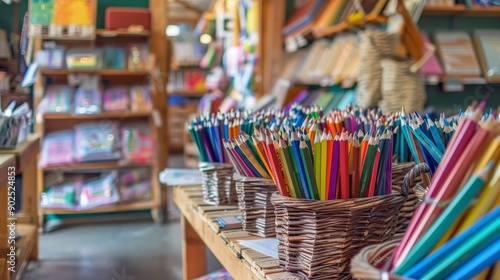 Colorful Pencils in a Basket in a Stationery Store