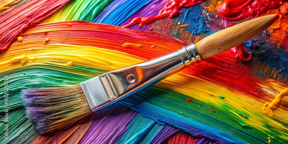 Fototapeta premium Paintbrush on Rainbow Palette, Colorful Strokes, Art Supplies, Creative Tools, Artist Studio