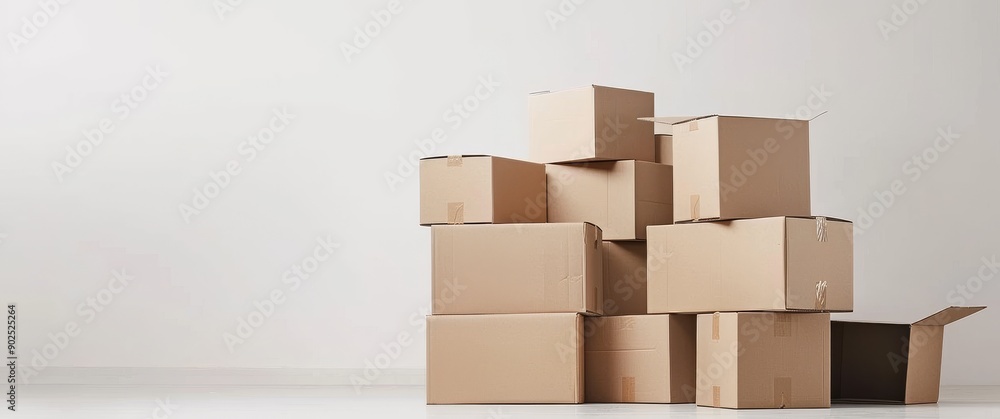 A neatly stacked pile of cardboard boxes on a plain background, symbolizing moving or storage organization. A neatly stacked pile of cardboard boxes on a plain background, symbolizing moving or storage organization.
