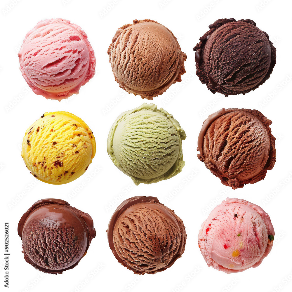 Assorted Ice Cream Scoops in Neat Nine-square Arrangement on White Background Assorted Ice Cream Scoops in Neat Nine-square Arrangement on White Background