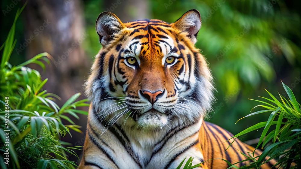 Fototapeta premium A tiger relaxes in vibrant green foliage, showcasing its striking fur and keen gaze while surrounded by nature