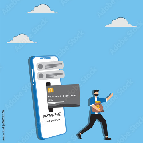 Call center fraud or scam stealing money from mobile banking application, fake phone call or financial crime, phishing or financial threat concept, scammer thief steal money from mobile banking app.