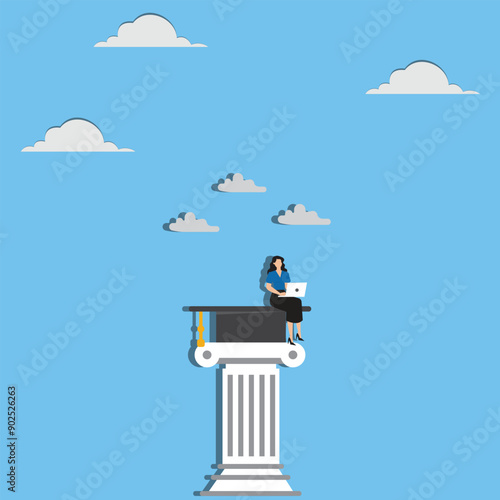 Curriculum, learning or education, student academic, study new knowledge or scholarship, learning lesson, certificate or graduated concept, smart woman learning with laptop on mortarboard pillars