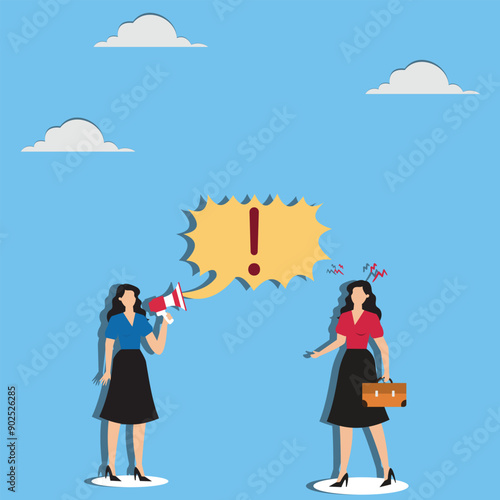 Shouting warning message, caution or alert attention, safety or danger announcement, risk or important information, beware or careful sign, businesswoman shouting on megaphone with exclamation sign