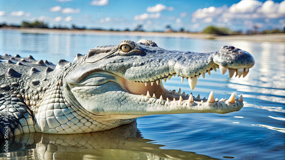 Fototapeta premium A crocodile relaxes on the water's surface, displaying its powerful jaws and sharp teeth while enjoying the warm afternoon sun