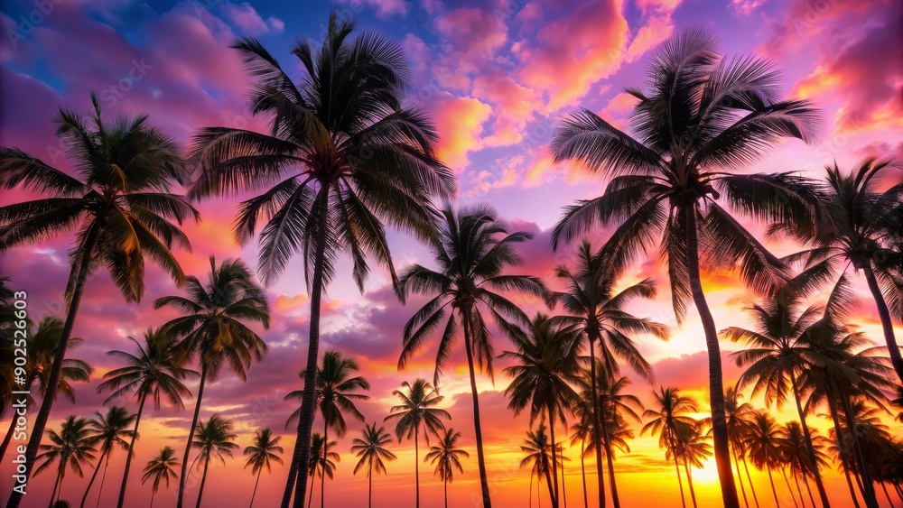 Silhouetted Palm Trees Against a Vibrant Sunset Sky, Photography, Tropical Landscape, Palm Trees, Sunset, Sky Silhouetted Palm Trees Against a Vibrant Sunset Sky, Photography, Tropical Landscape, Palm Trees, Sunset, Sky
