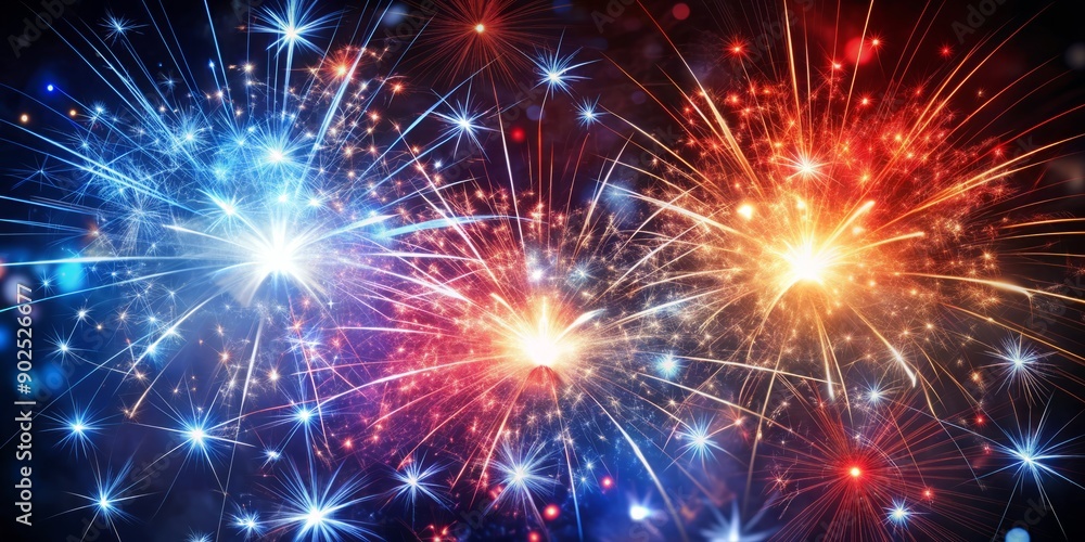 Fototapeta premium Vibrant red, white, and blue glittering sparks explode on a dark background, symbolizing freedom, patriotism, and celebration, perfect for voting, memorial, Labor Day, and election themes.