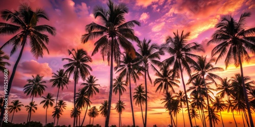 Silhouettes of Palm Trees Against a Vibrant Sunset Sky, Digital Painting, Tropical Sunset, Palm Trees, Sunset, Sky, Nature