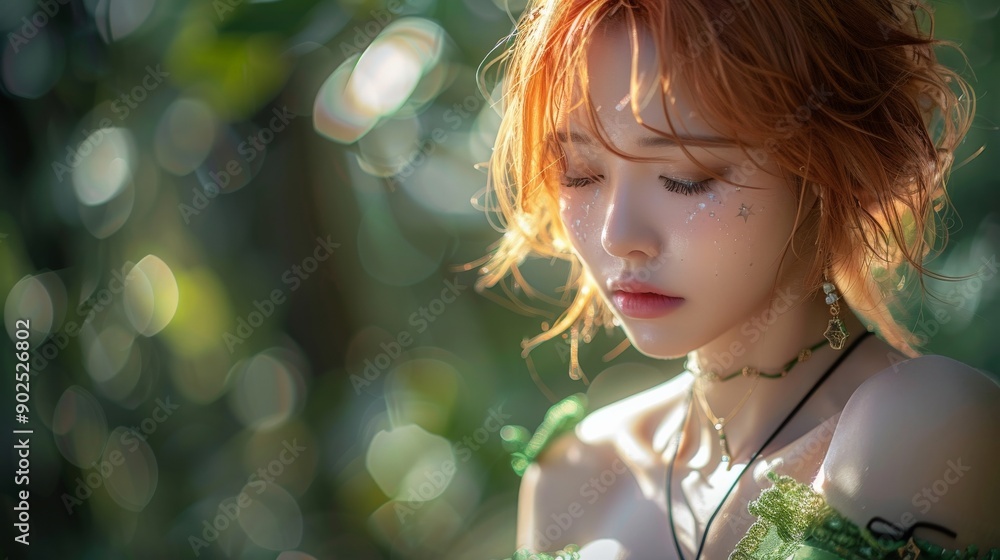 Fototapeta premium A serene moment captures a model lost in thought amidst vibrant foliage