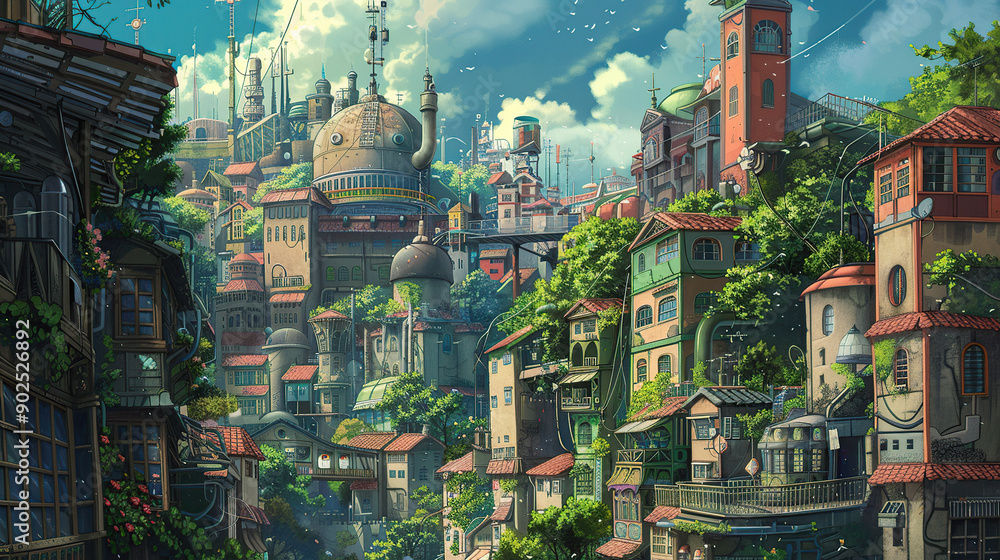 Obraz premium he cuntry, generative ai, landscape, architecture, curtoone, chasny house, background, art nouveau, city, skyline, skyscraper, building