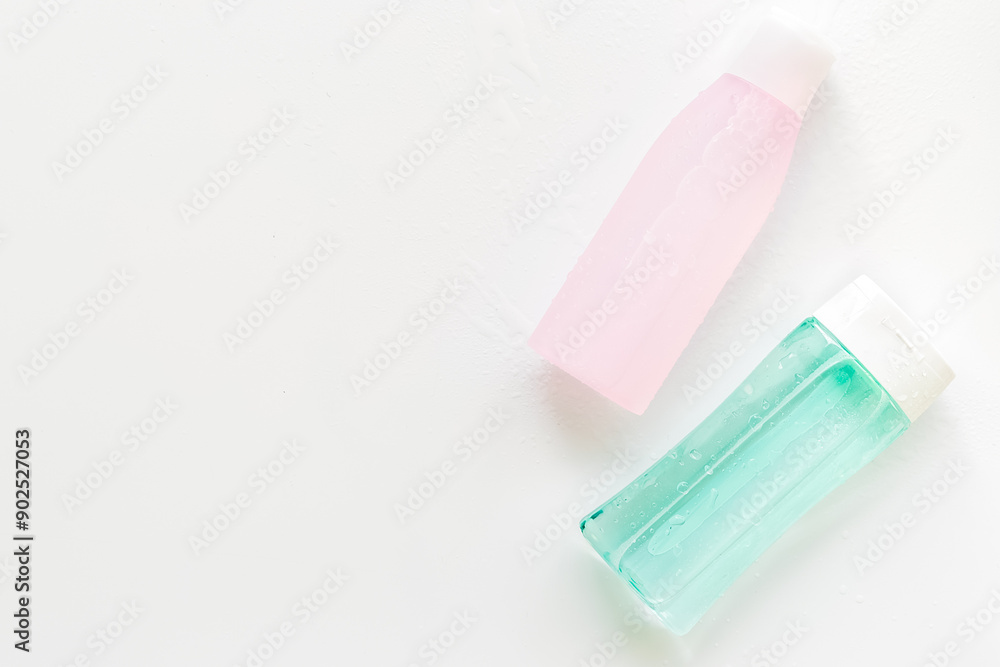 skin care cosmetics with facial tonic, mycelial water on white background top view mockup skin care cosmetics with facial tonic, mycelial water on white background top view mockup