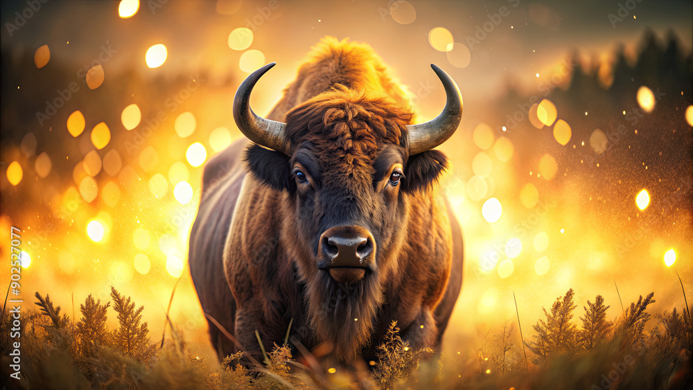 A bison stands majestically in a golden field at dusk, radiating strength amidst a captivating backdrop of glowing light A bison stands majestically in a golden field at dusk, radiating strength amidst a captivating backdrop of glowing light