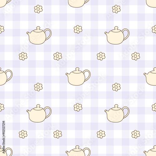 Decorative violet checkers and simple kettle seamless pattern. Vector cute doodle hand drawn illustration.Repeating design for printing wrapping paper, fabric, textile, wallpaper.