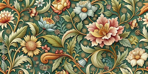 Intricate, ornate, repetitive floral pattern featuring blooming flowers, vines, and foliage in muted colors, evoking nostalgia for the Victorian era's opulent decorative style.