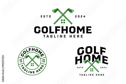 golf club with stick and home logo design for golfer and tournament.  golf professional team with putter and window sign symbol modern logo. golf sport emblem badge logo illustration