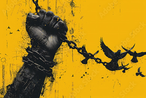 hand breaking free from chains. Chain turns to birds. 3D Rendering