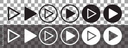 Play Icon set. Start audio or video button symbol. Play button vector sign collection in black and white colors on transparent background.