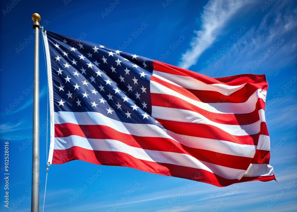 Vibrant red, white, and blue American flag with fifty white stars on a blue canton, waving gently in the wind against a clear blue sky. Vibrant red, white, and blue American flag with fifty white stars on a blue canton, waving gently in the wind against a clear blue sky.