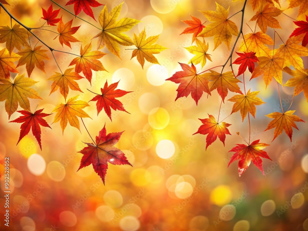 Vibrant red and yellow maple leaves fall gently against a soft focus, bokeh background, perfect for autumn web banners and end-of-year celebratory designs.